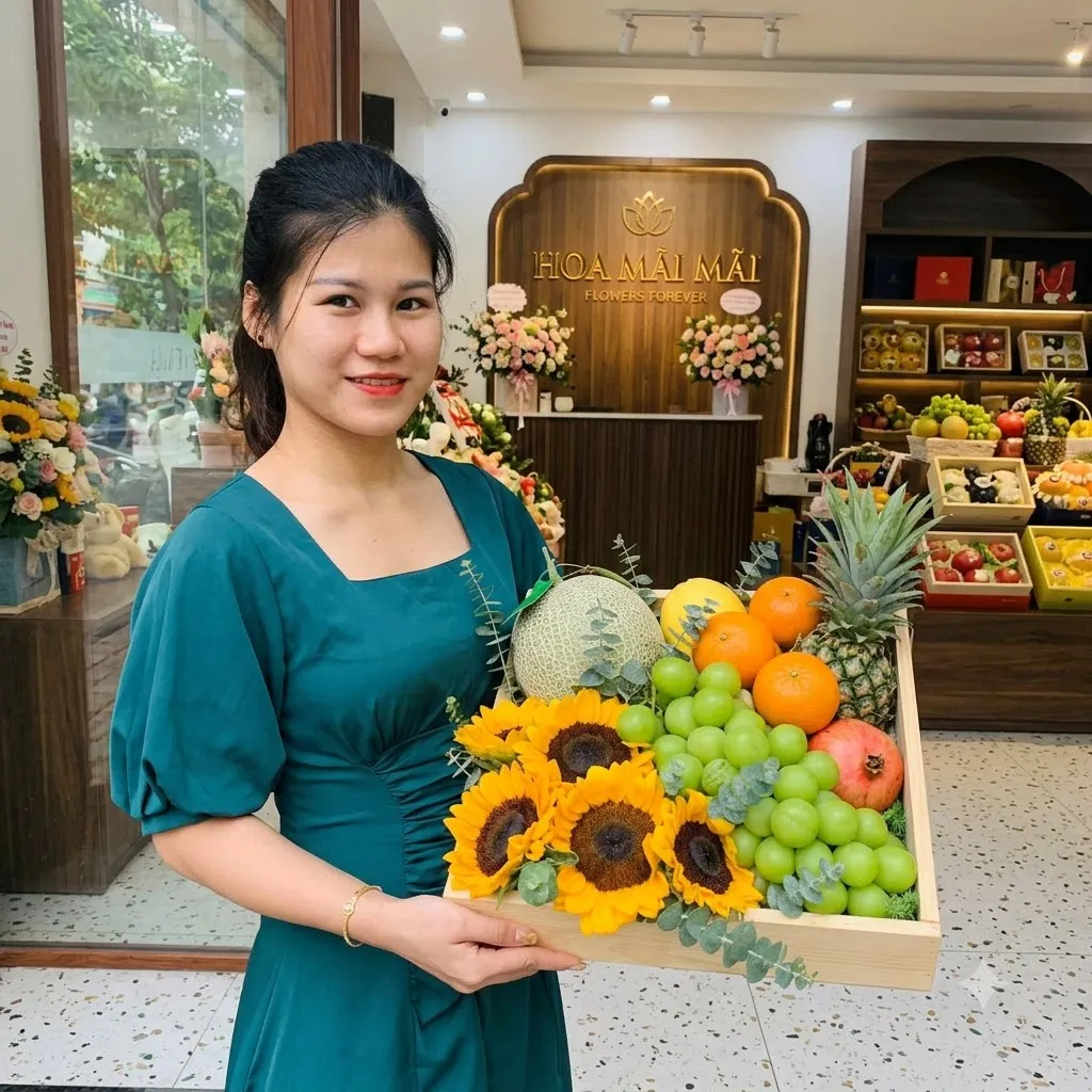 Nhân viên áo xanh bê khay trái cây phối hoa hướng dương tại Quận 9 HCM