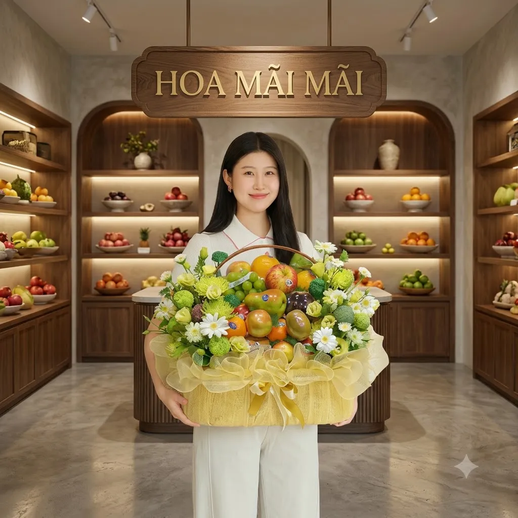 Nhân viên bê giỏ trái cây phối lưới vàng dưới mái vòm tại Tươi Bắc Trà My Quảng Nam