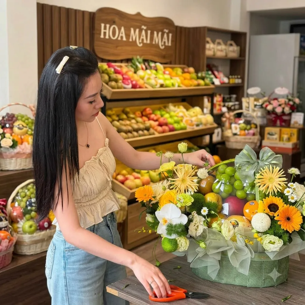 Nhân viên đang cắm giỏ trái cây phối hoa cúc vàng tại Tươi Bắc Trà My Quảng Nam