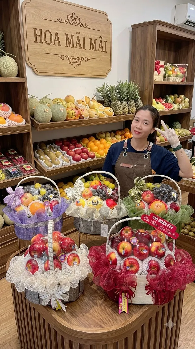 Nhân viên tạo dáng sau quầy nhiều giỏ trái cây tại Huyện Phú Giáo, Bình Dương