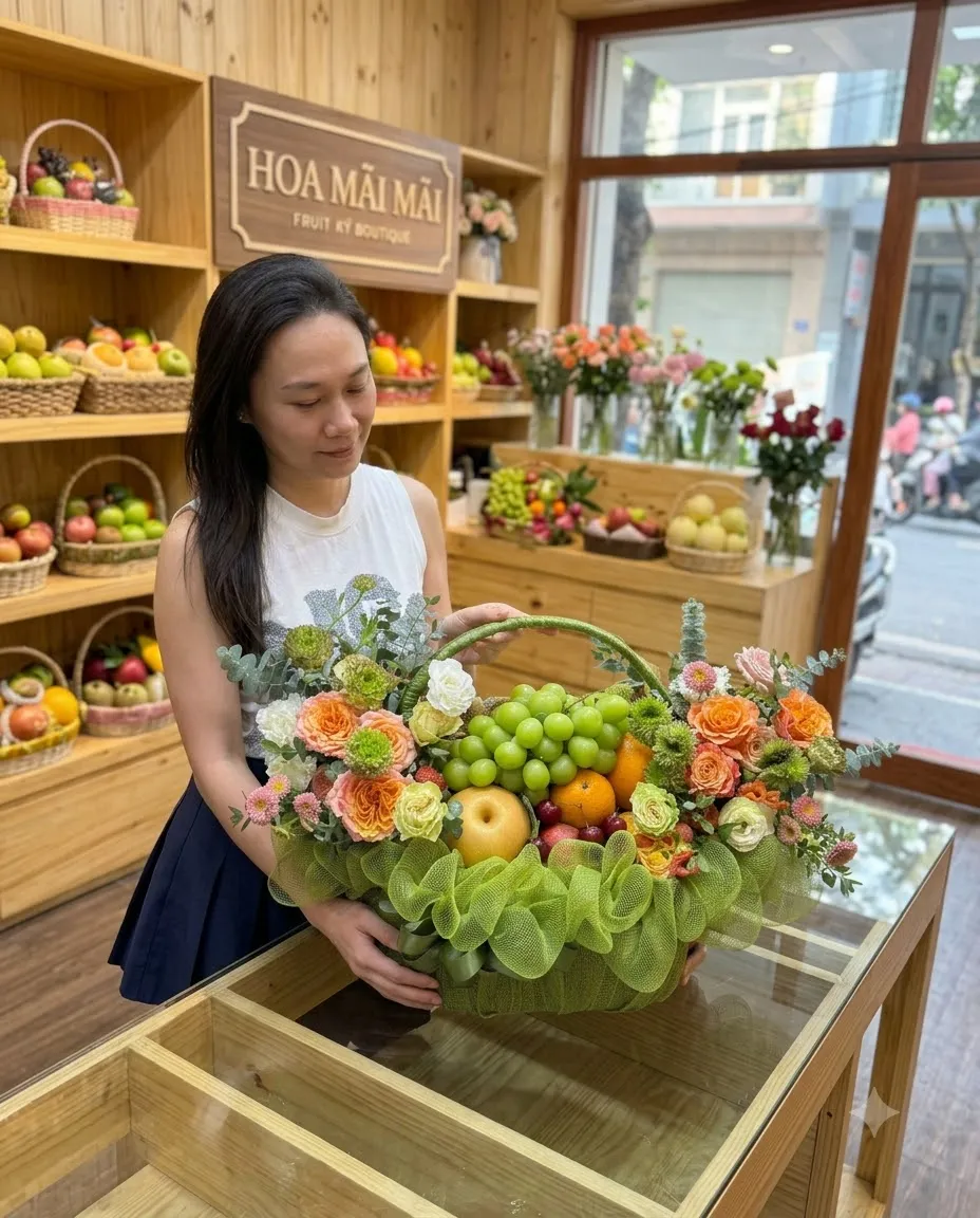 Nhân viên đứng tại bàn kính bê giỏ trái cây tại Tươi Bắc Trà My Quảng Nam