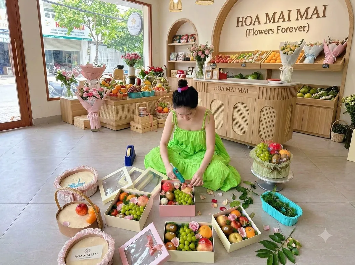 Nhân viên ngồi đất gói nhiều hộp trái cây trên sàn tại Tươi Bắc Trà My Quảng Nam