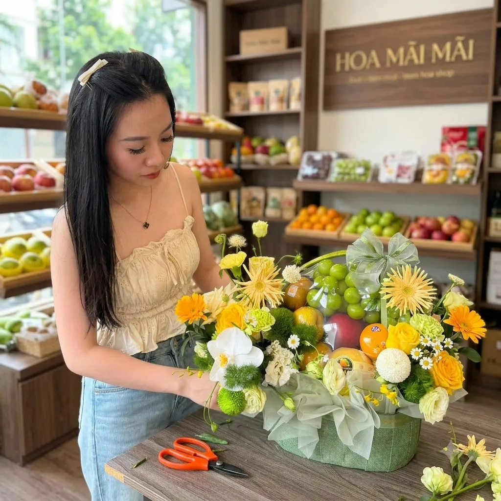 Nhân viên đang cắm giỏ trái cây phối hoa cúc vàng tại Huyện Phú Giáo, Bình Dương