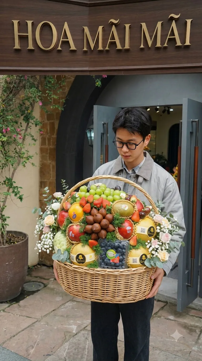 Khách nam xách giỏ trái cây mây lớn rời cửa hàng tại Tươi Bắc Trà My Quảng Nam