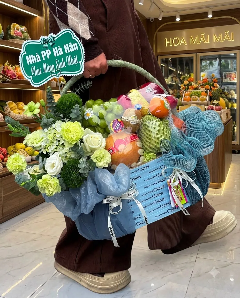 Khách nam xách giỏ trái cây phối lưới xanh dương tại Tươi Bắc Trà My Quảng Nam