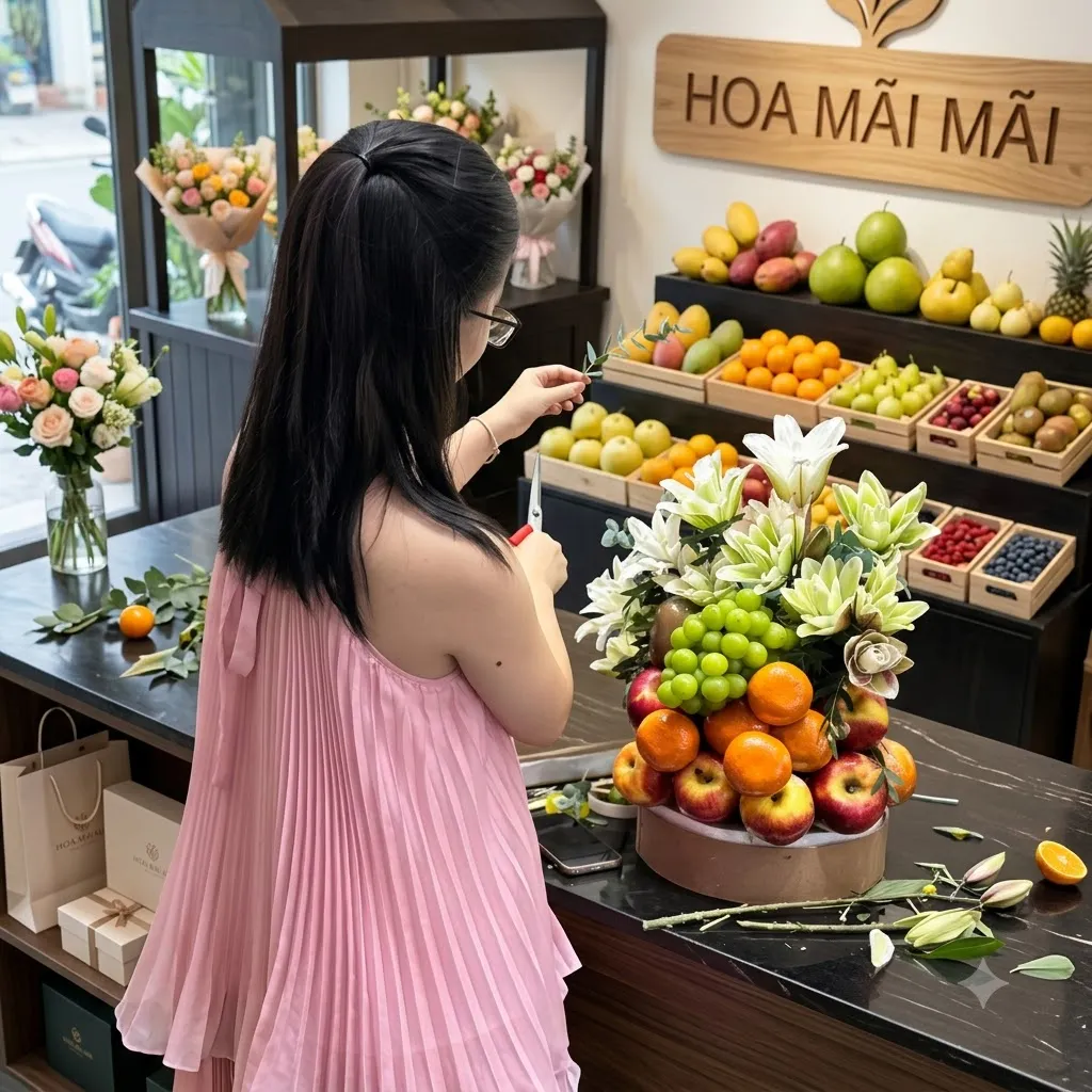 Nhân viên nhìn nghiêng đang cắm hộp trái cây phối hoa loa kèn tại Khánh Sơn Khánh Hòa