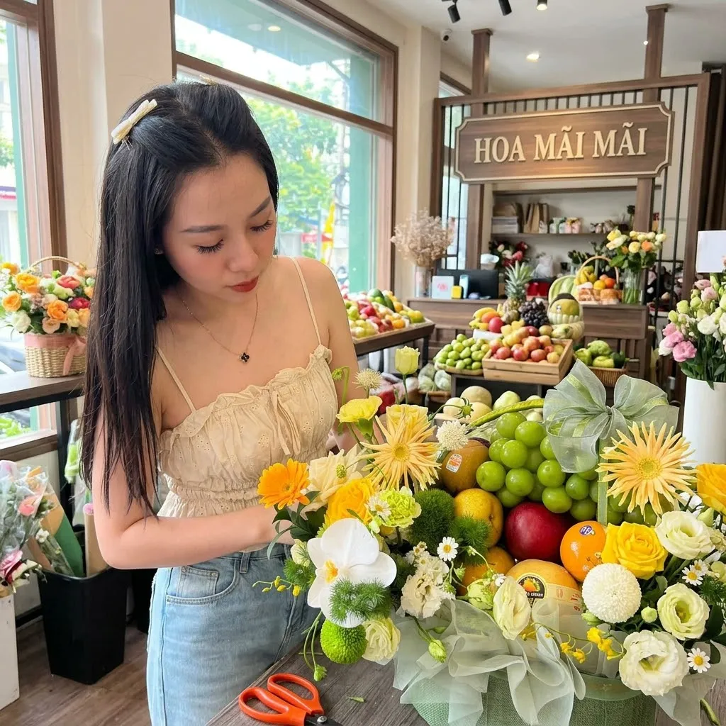 Nhân viên đang cắm giỏ trái cây phối hoa cúc vàng tại Tươi Đông Giang Quảng Nam