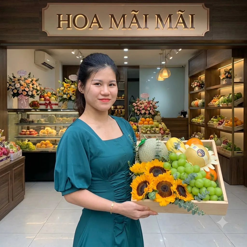 Nhân viên áo xanh bê khay trái cây phối hoa hướng dương tại Huyện Đồng Hỷ, Thái Nguyên