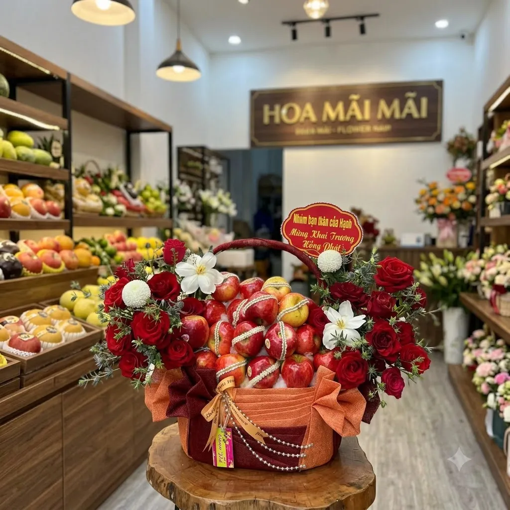 Giỏ trái cây táo đỏ phối hoa hồng kèm nơ khai trương tại Tươi Đông Giang Quảng Nam