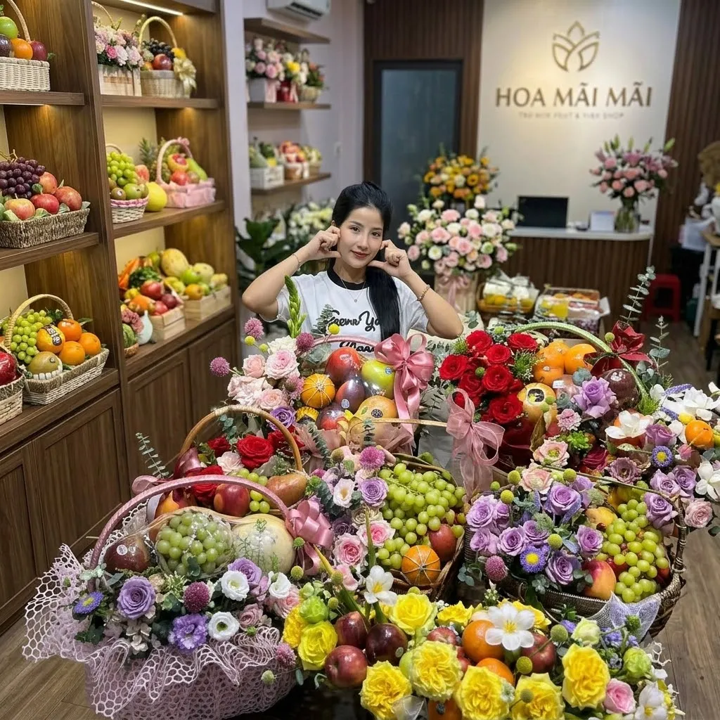 Nhân viên tạo dáng giữa nhiều giỏ trái cây phối hoa tại Khánh Sơn Khánh Hòa