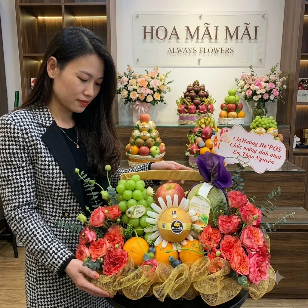 Khách nữ bê giỏ trái cây kèm thiệp chúc mừng sinh nhật tại Huyện Phú Lương, Thái Nguyên