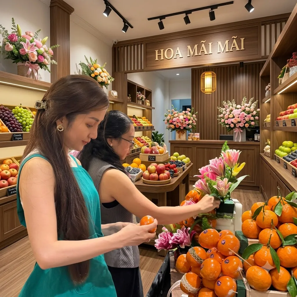 Hai nhân viên xếp cam và hoa tại quầy trong cửa hàng tại Khánh Sơn Khánh Hòa