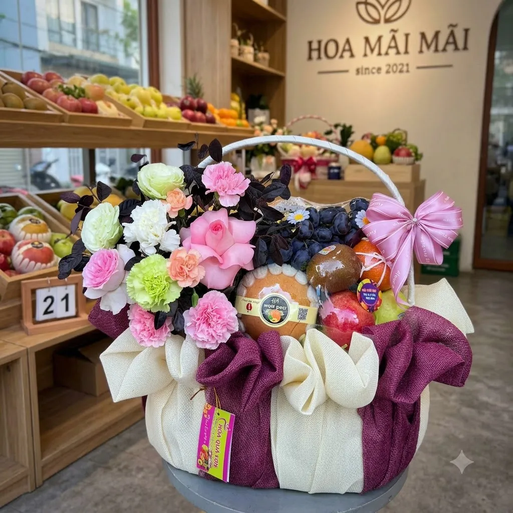 Giỏ hoa quà phối trái cây bọc vải tím kem tại Khánh Sơn Khánh Hòa