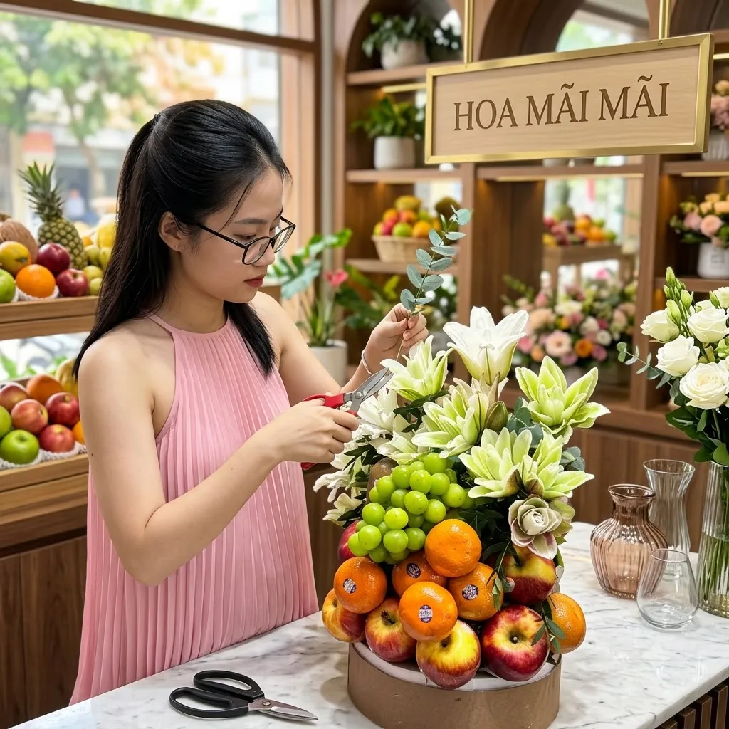 Nhân viên đang cắm hộp trái cây phối hoa loa kèn tại Tươi Đông Giang Quảng Nam