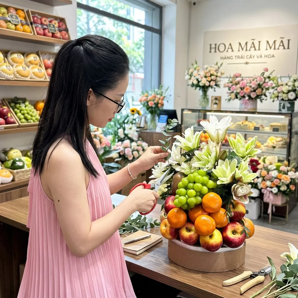 Nhân viên cắt tỉa hoa cho giỏ trái cây táo nho cam tại Huyện Lập Thạch, Vĩnh Phúc