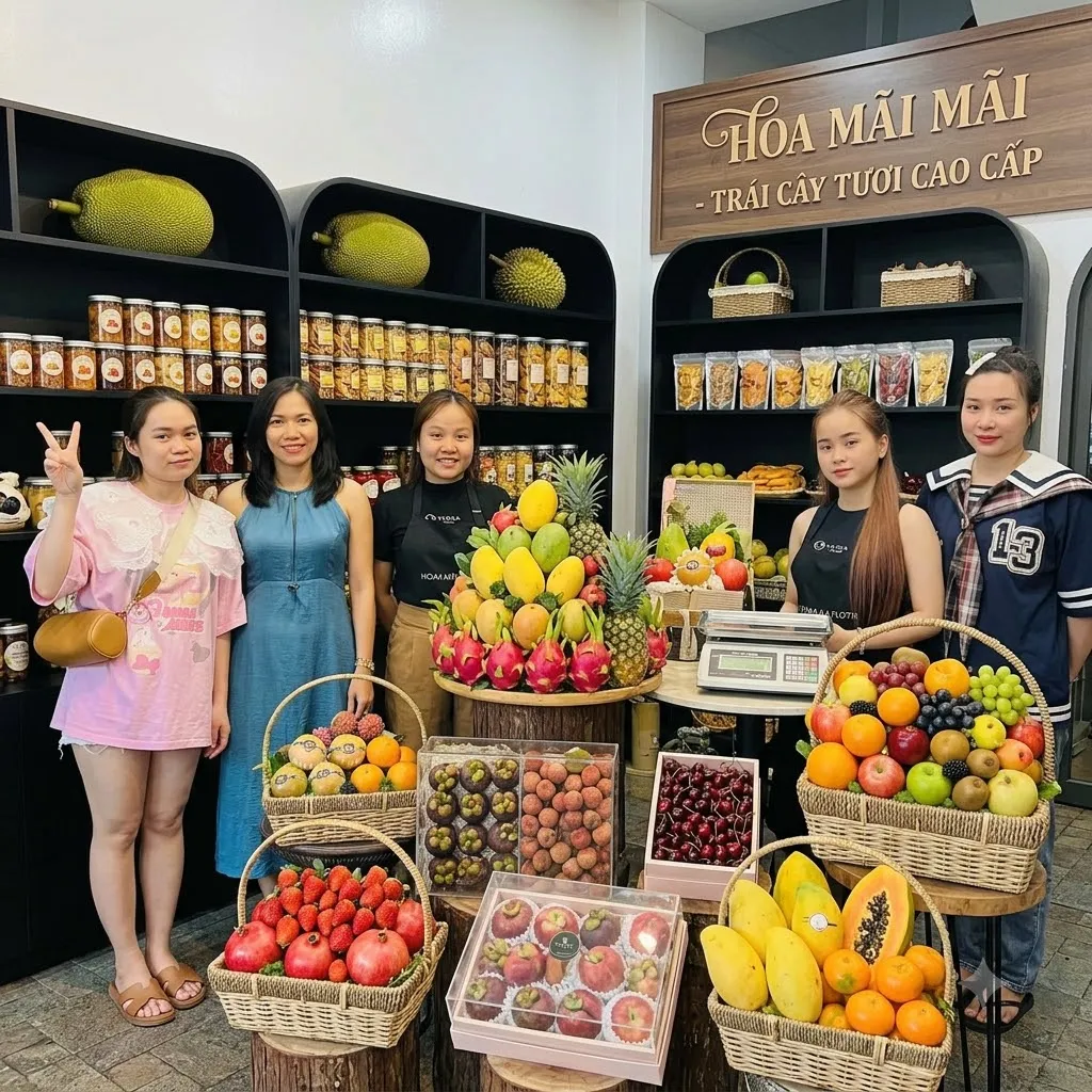 Nhóm nhân viên chụp ảnh cùng các giỏ trái cây tại quầy tại Khánh Sơn Khánh Hòa