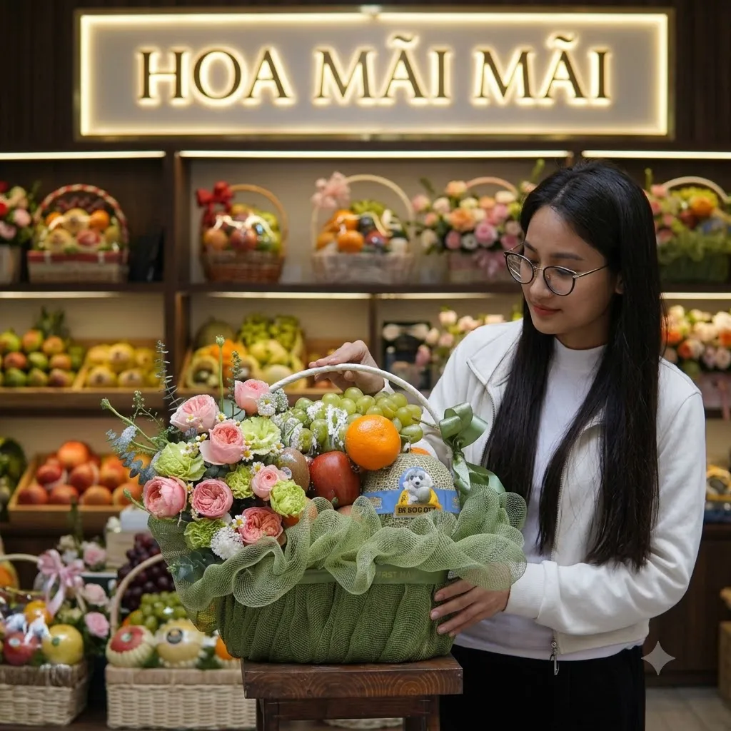 Nhân viên ôm giỏ quà bọc vải xanh phối nho cam tại Huyện Lập Thạch, Vĩnh Phúc