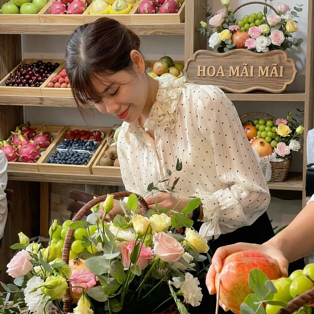 Nhân viên cắm hoa bên giỏ hoa hồng kèm lựu tại Huyện Lập Thạch, Vĩnh Phúc