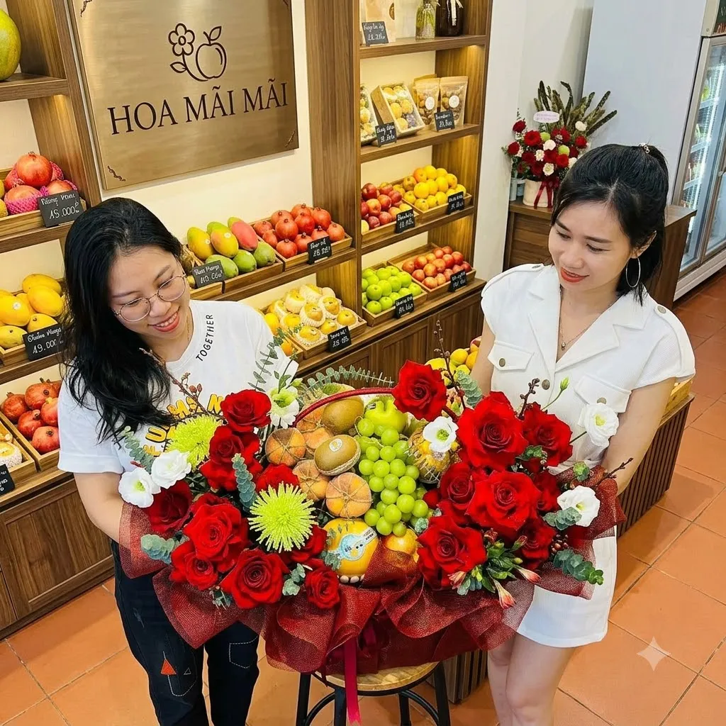 Hai người phụ nữ bên giỏ quà hoa hồng đỏ và trái cây tại Thạnh Trị, Sóc Trăng