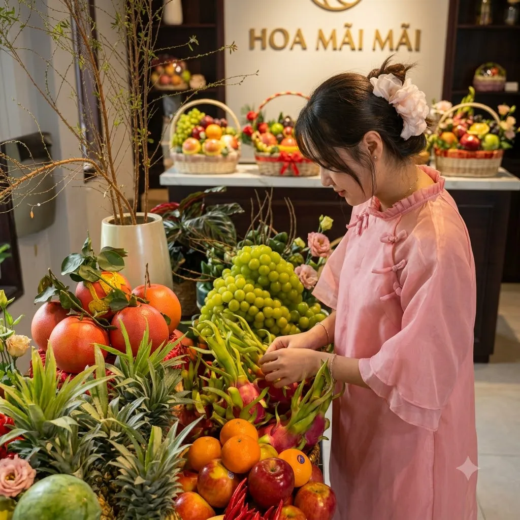 Nhân viên áo hồng sắp giỏ trái cây nho xanh và thanh long tại Tươi Nam Phước Duy Xuyên Quảng Nam
