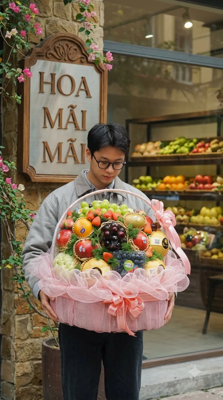 Người đàn ông bưng giỏ quà trái cây bọc lưới hồng trước cửa hàng tại Tươi Nam Phước Duy Xuyên Quảng Nam