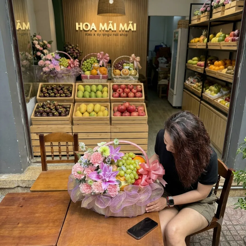 Khách ngồi bàn gỗ ngắm giỏ quà hoa nho tím tại Tươi Nam Phước Duy Xuyên Quảng Nam