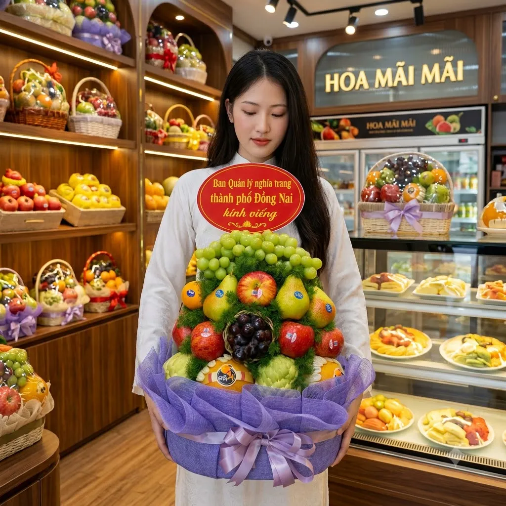 Nhân viên bưng giỏ quà trái cây lớn bọc vải tím hoa cài tóc tại Tươi Nam Phước Duy Xuyên Quảng Nam