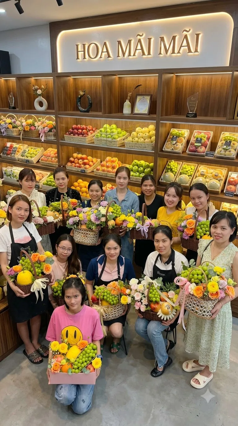 Đông nhân viên chụp ảnh cùng các giỏ quà trái cây hoa tại Thạnh Trị, Sóc Trăng