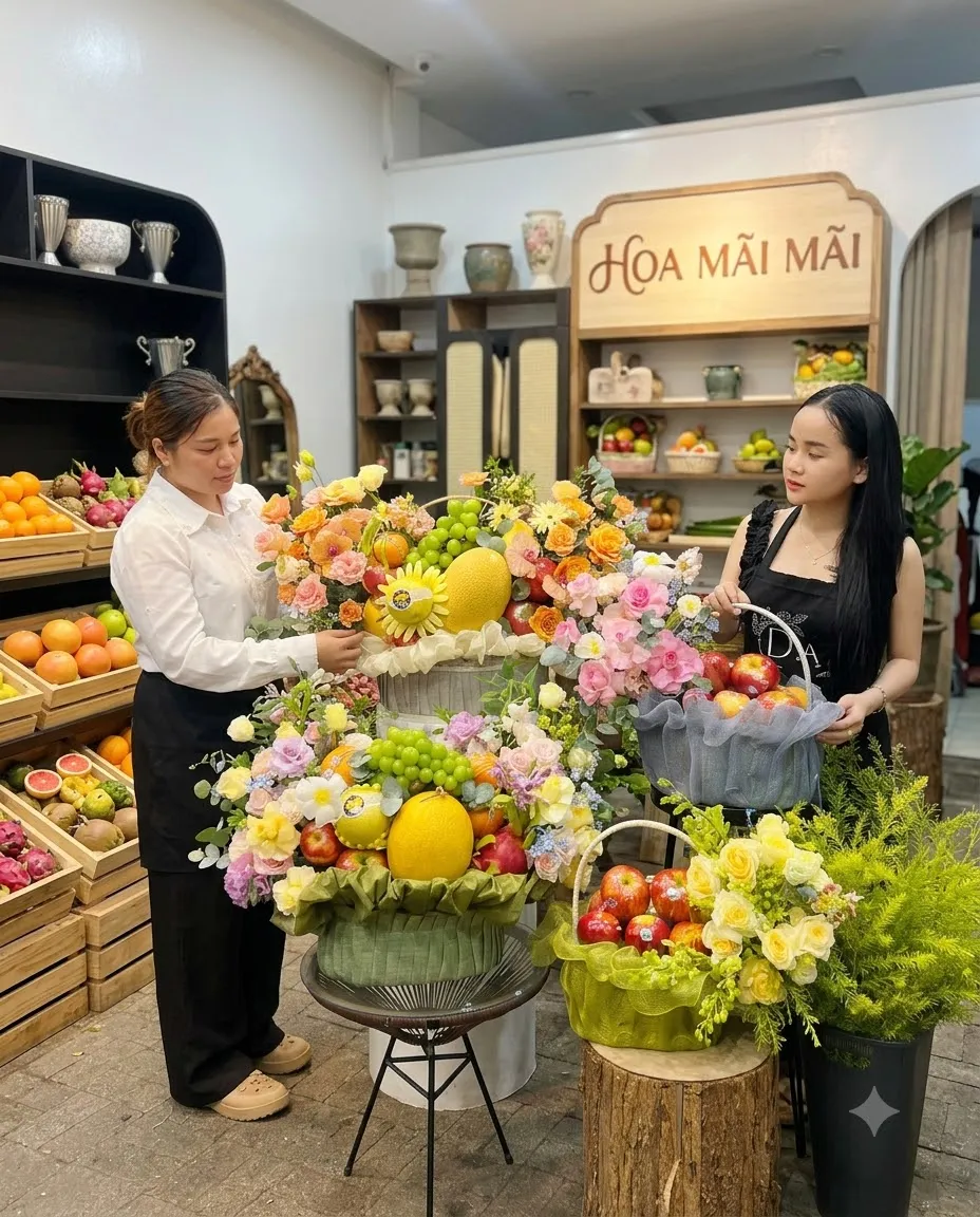 Hai nhân viên hoàn thiện giỏ quà trái cây lớn có hoa hướng dương tại Tươi Nam Phước Duy Xuyên Quảng Nam