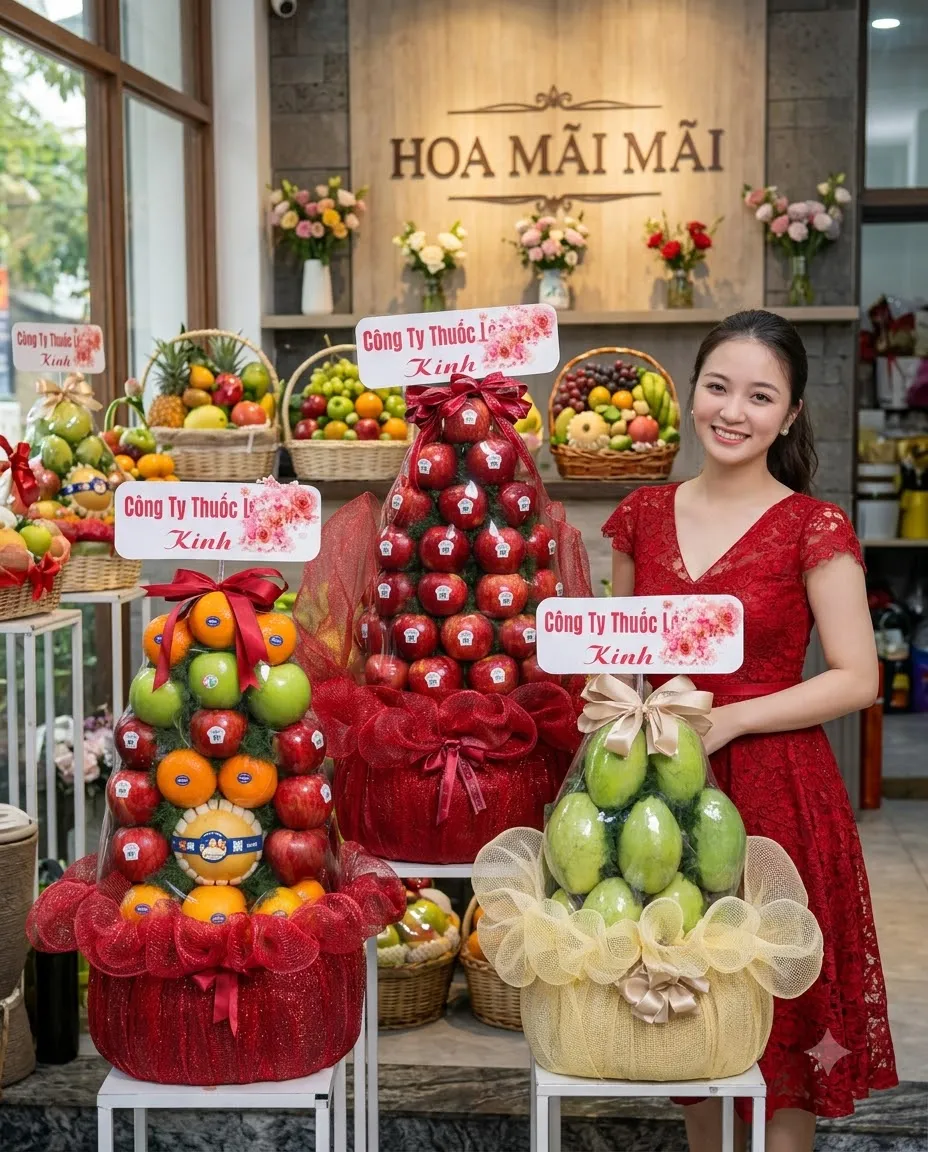 Nhân viên áo đỏ đứng cạnh các tháp trái cây bọc đỏ tại Tươi Nam Phước Duy Xuyên Quảng Nam