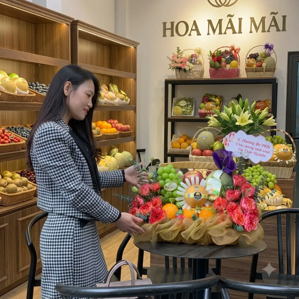 Nhân viên hoàn thiện giỏ quà hoa quả tại bàn tròn nhỏ tại Tươi Nam Trà My Quảng Nam