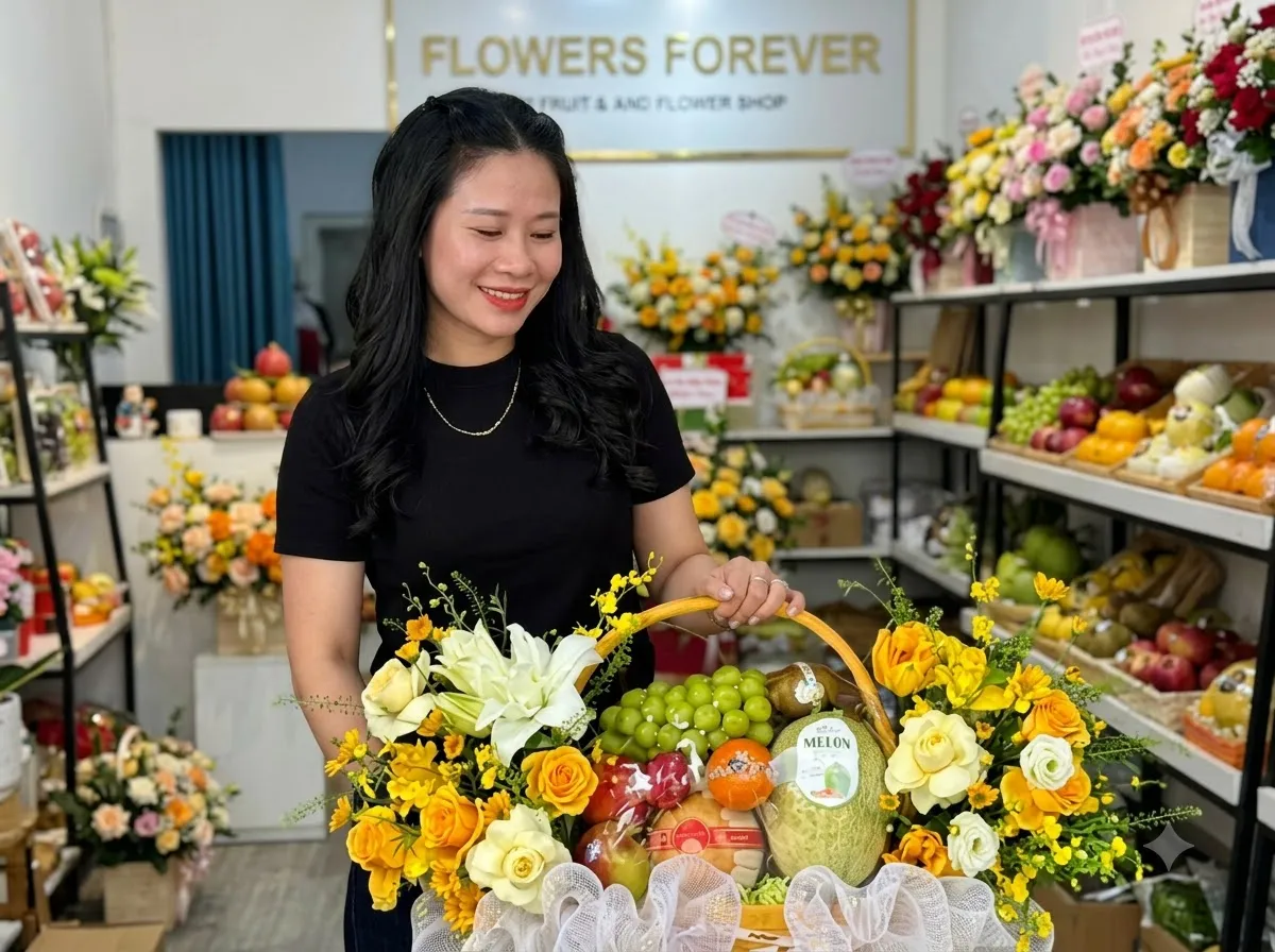 Nhân viên áo đen bưng giỏ hoa quả vàng trong cửa hàng tại Đức Huệ, Long An