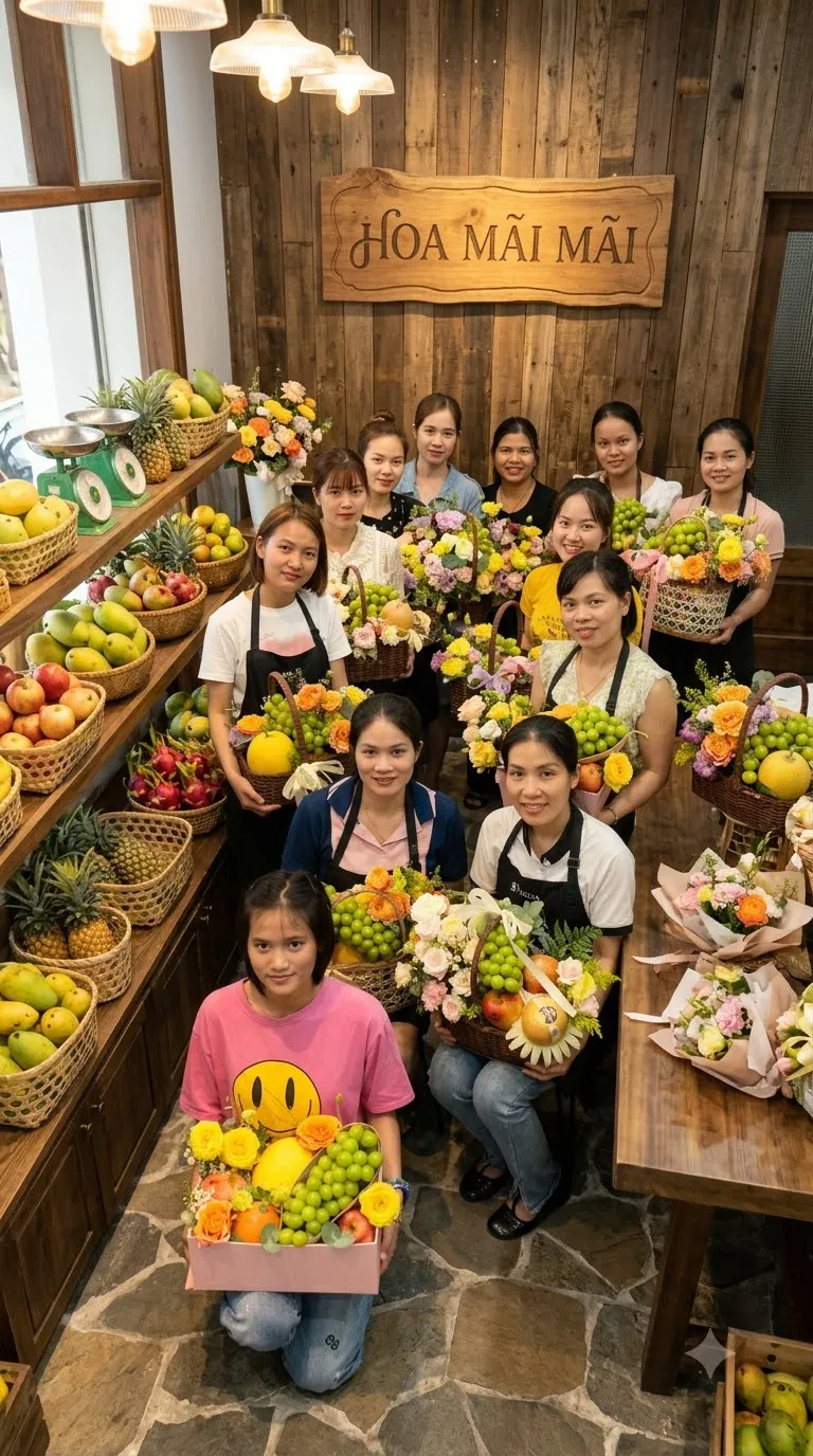 Nhóm đông nhân viên tạo dáng cùng giỏ hoa quả trong xưởng gỗ tại Tươi Nam Trà My Quảng Nam