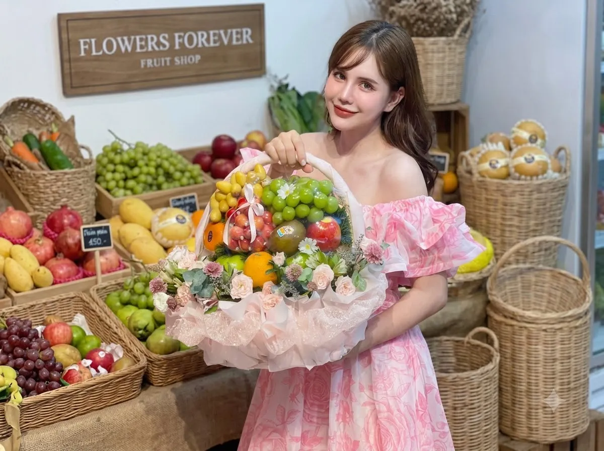 Nhân viên áo hồng ôm giỏ hoa quả cạnh kệ trái cây tại Huyện Lộc Hà, Hà Tĩnh