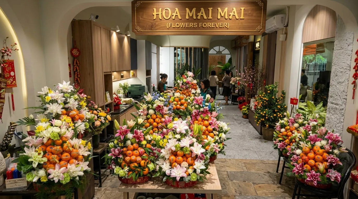Dãy bó hoa loa kèn phối cam quýt trưng bày lối đi cửa hàng tại Huyện Quan Sơn, Thanh Hoá