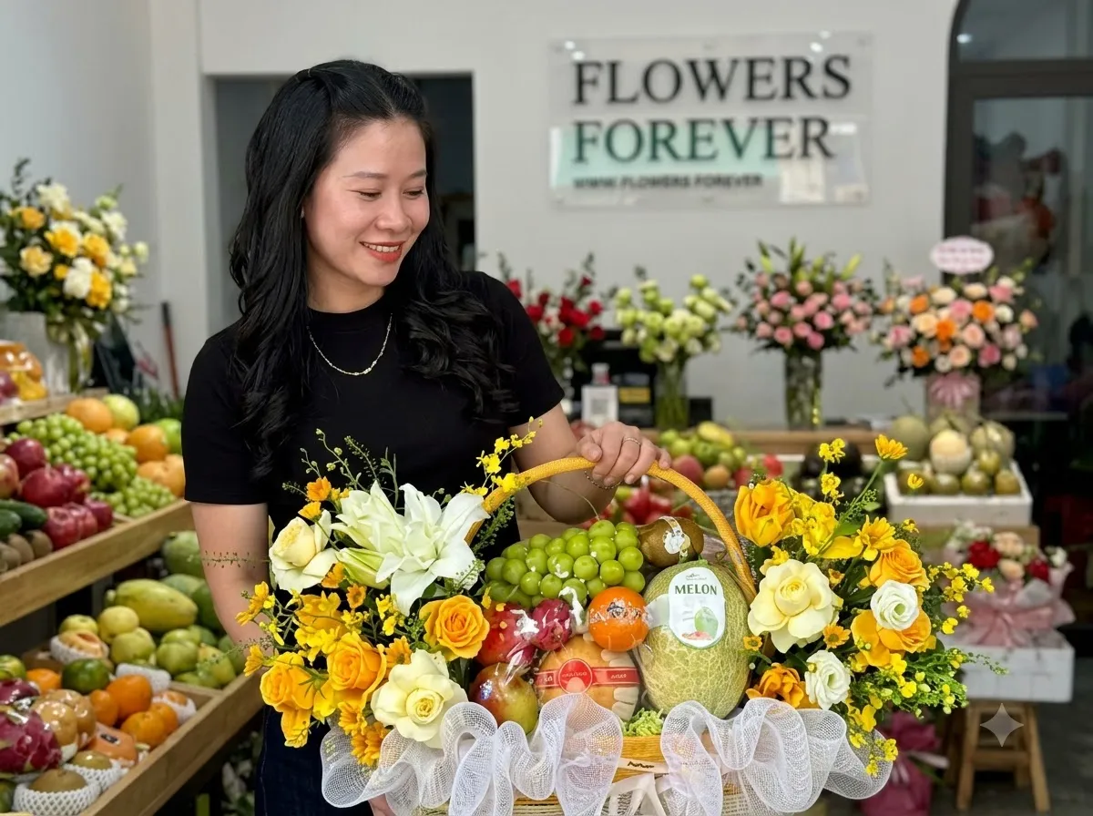 Nhân viên váy hoa hồng ôm giỏ trái cây giữa các sạp hoa quả tại Huyện Long Điền, Bà Rịa Vũng Tàu