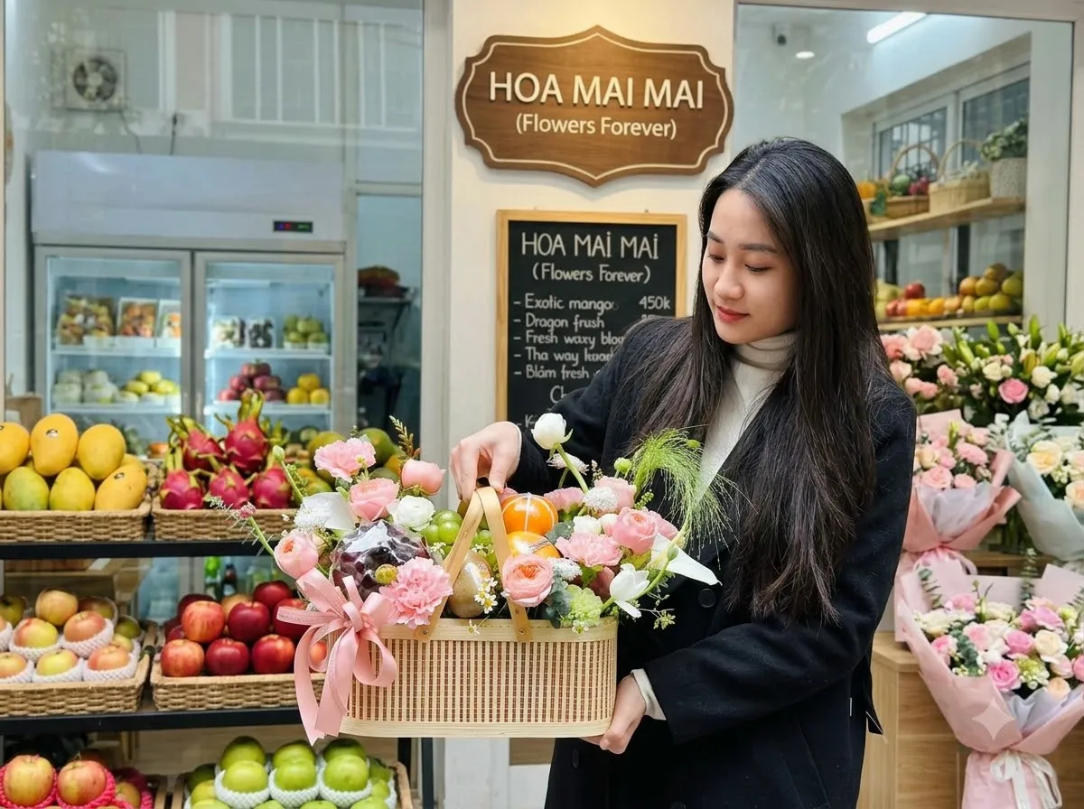 Nhân viên áo đen bưng giỏ quà hồng phấn bên tủ bánh tại Huyện Long Điền, Bà Rịa Vũng Tàu