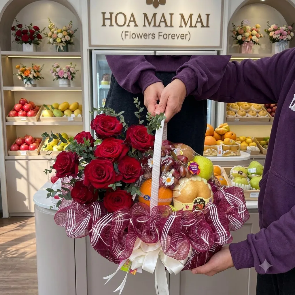 Người trao giỏ quà hoa hồng đỏ phối trái cây tại quầy tại Huyện Long Điền, Bà Rịa Vũng Tàu