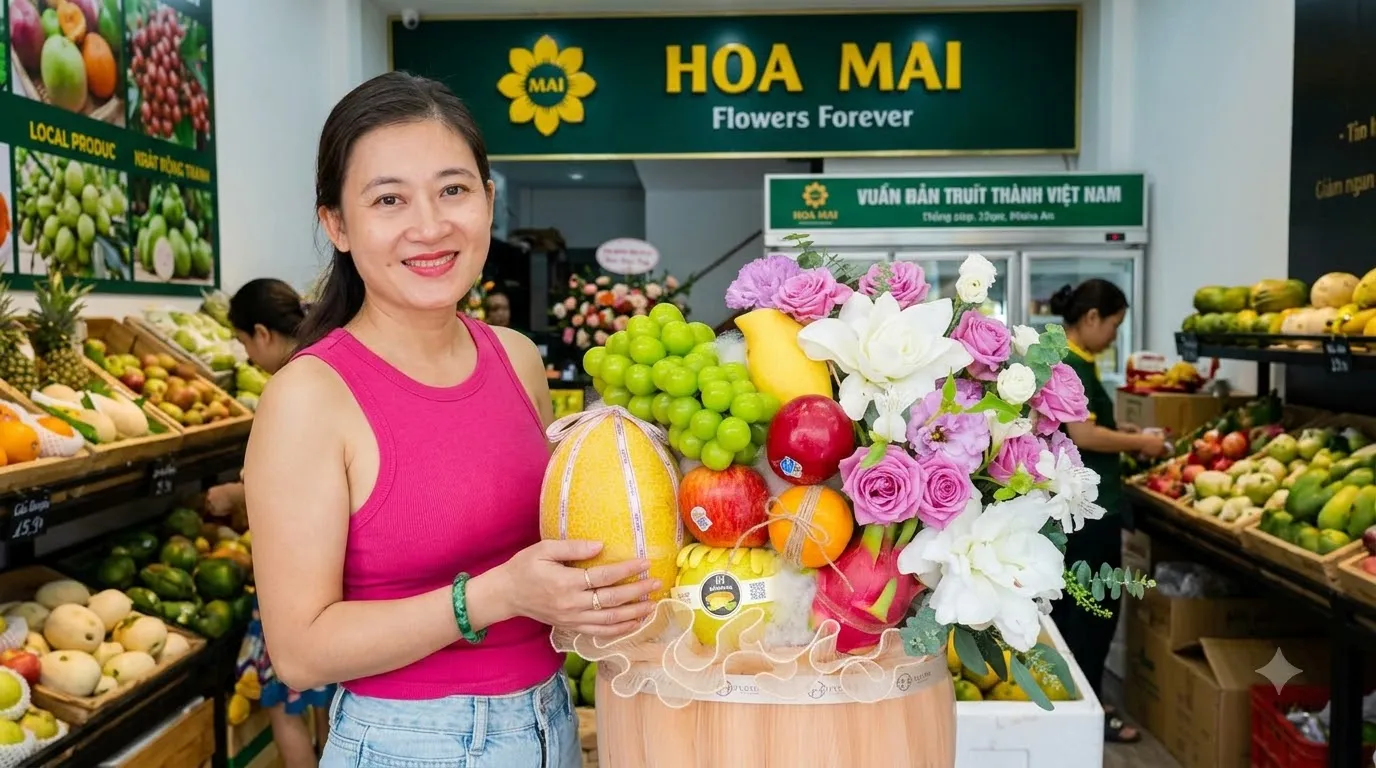 Nhân viên áo hồng cầm dưa lưới bên giỏ hoa quả trong chợ tại Huyện Gia Viễn, Ninh Bình