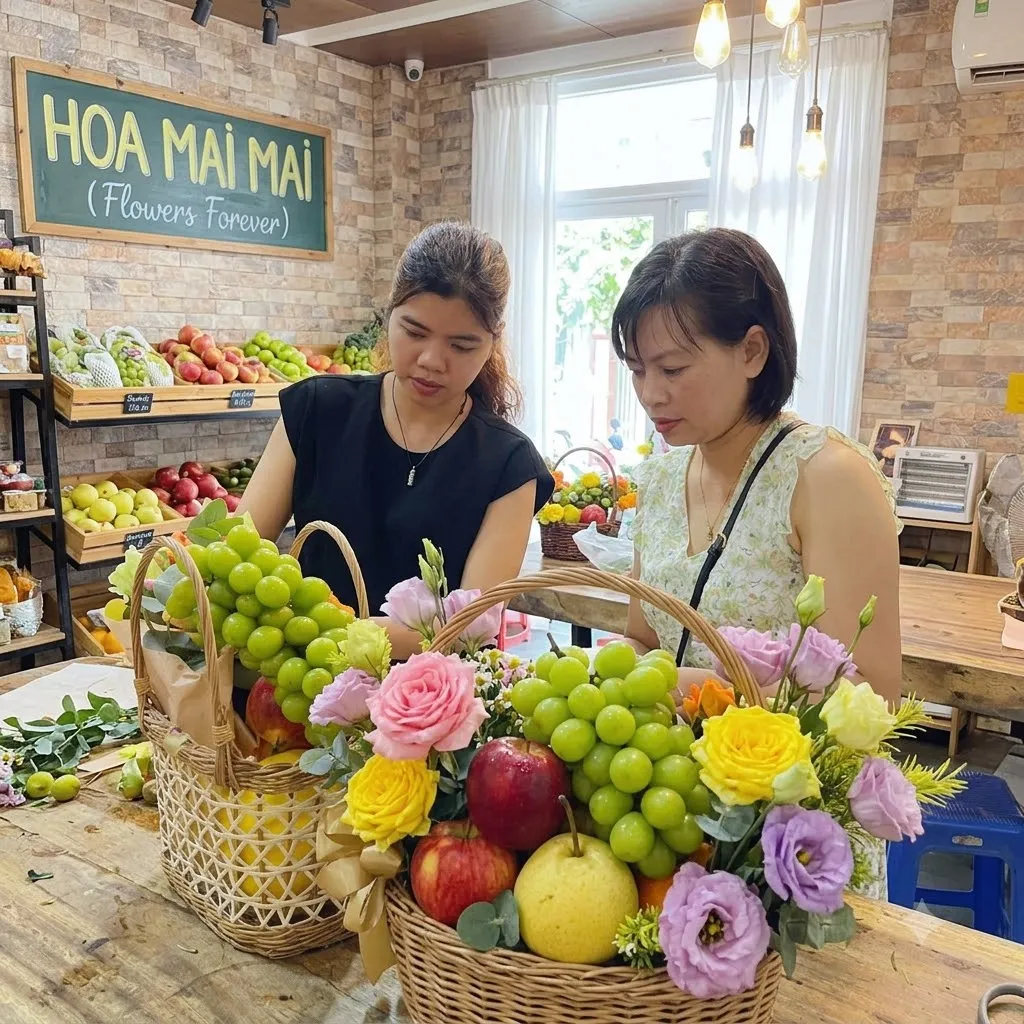 Hai nhân viên xếp nho xanh hoa cho hai giỏ quà trên bàn tại Huyện Gia Viễn, Ninh Bình