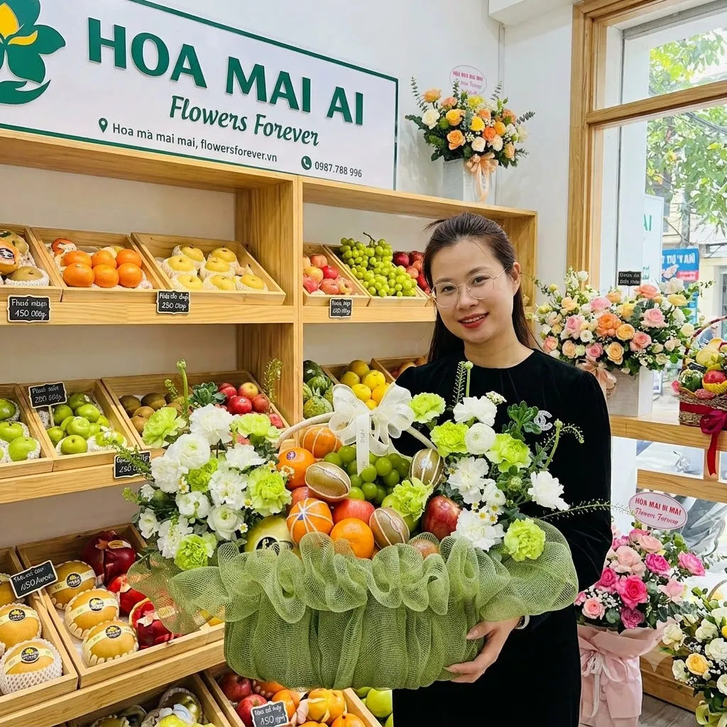 Nhân viên ôm giỏ hoa quả bọc lưới xanh cạnh kệ trái cây tại Huyện Gia Viễn, Ninh Bình