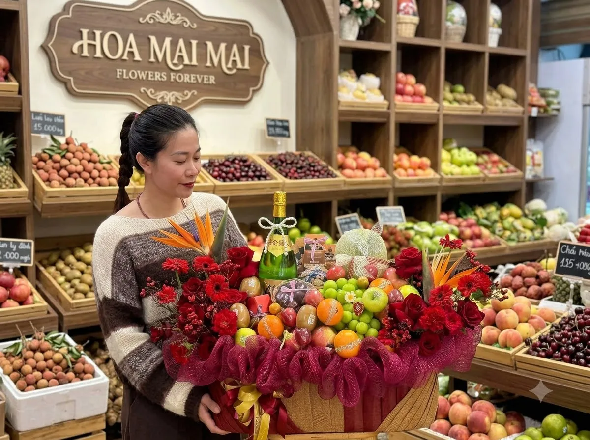 Nhân viên tóc tết ôm giỏ quà bọc vải đỏ mận cạnh kệ trái cây tại Huyện Gia Viễn, Ninh Bình