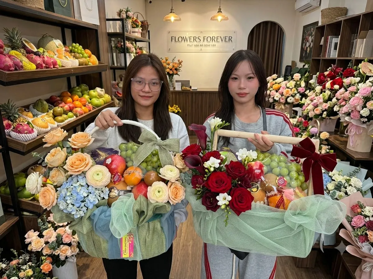 Hai bạn trẻ cầm hai giỏ quà hoa quả trong cửa hàng tại Tươi Tây Giang Quảng Nam