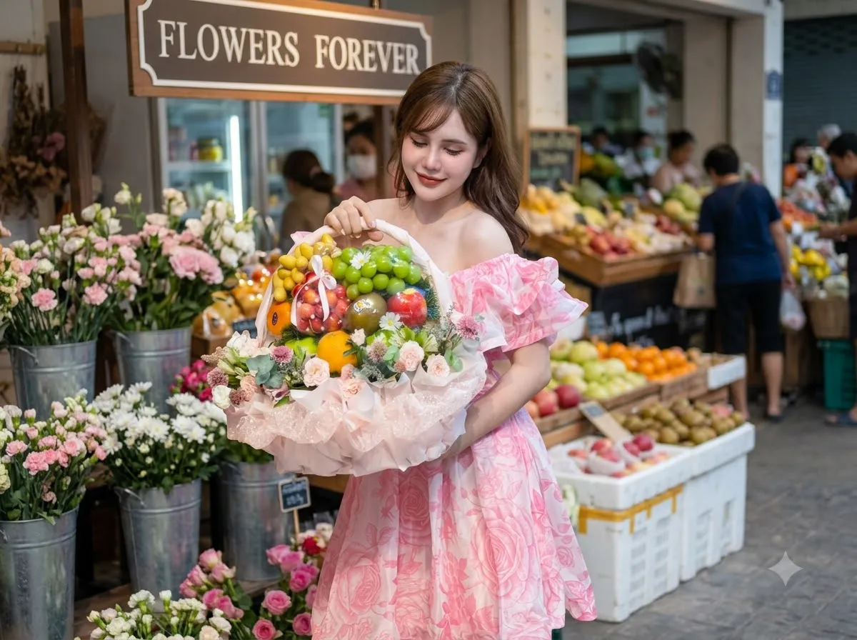 Nhân viên váy hoa hồng ôm giỏ trái cây trước cửa hàng hoa tại Tươi Tây Giang Quảng Nam