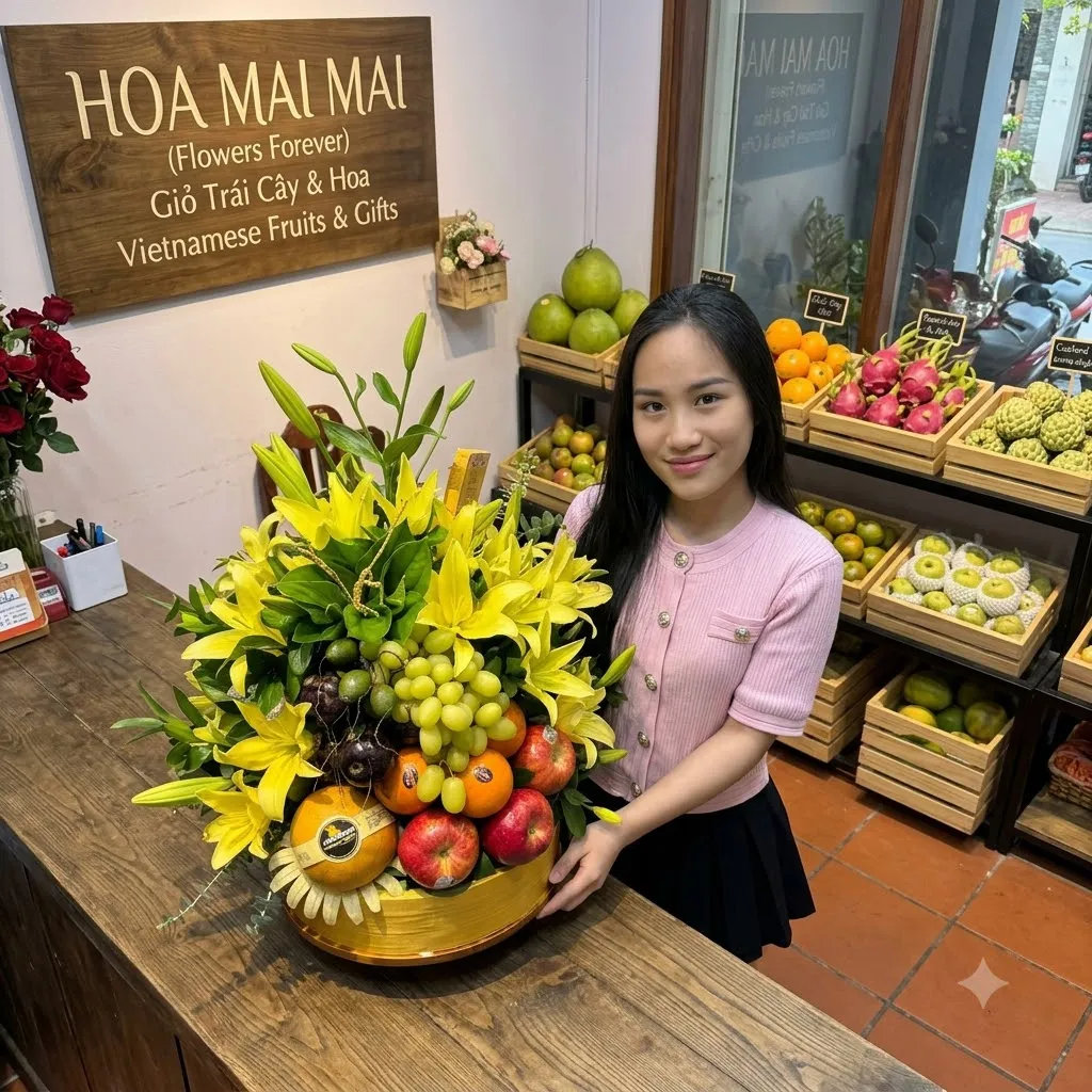 Nhân viên đứng cạnh giỏ quà hoa loa kèn vàng trên quầy tại Tươi Tây Giang Quảng Nam