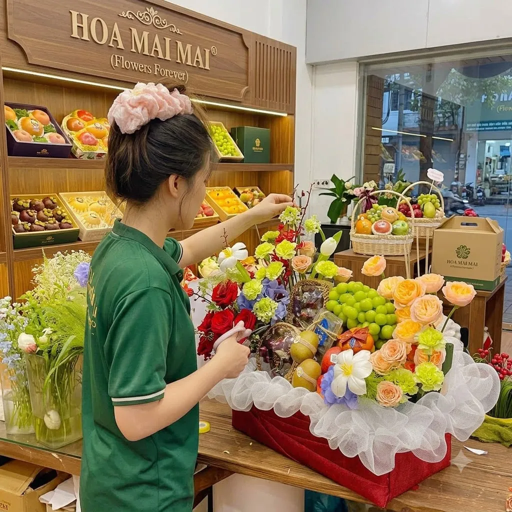 Nhân viên cài hoa tóc cắm giỏ quà trong hộp đỏ tại Tươi Tây Giang Quảng Nam