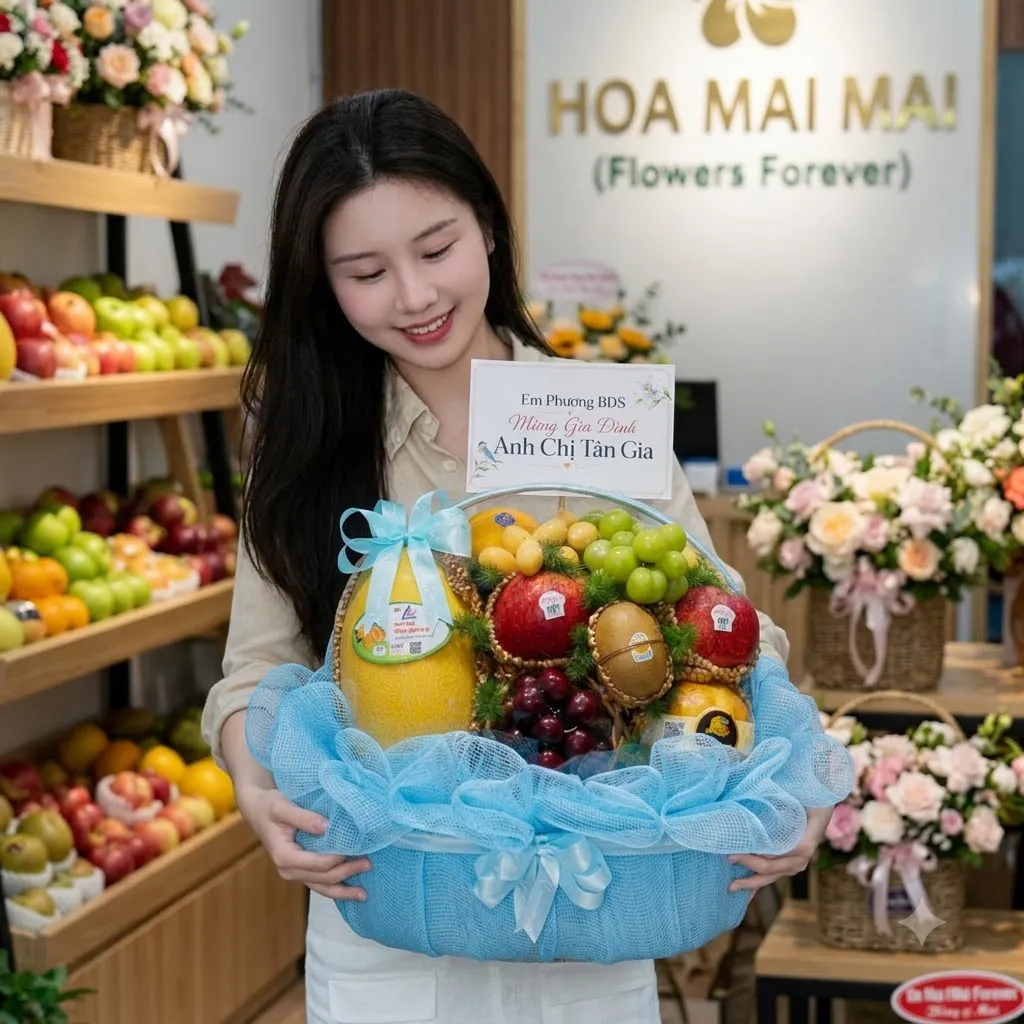 Cô gái ôm giỏ quà trái cây bọc lưới xanh dương nhạt tại An Phú An Giang