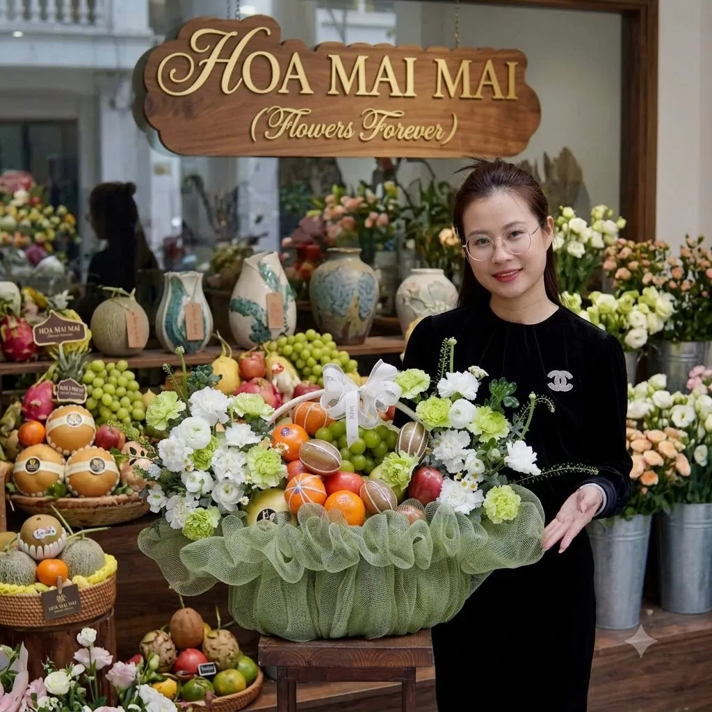 Phụ nữ đứng cạnh giỏ quà trái cây bọc lưới xanh rêu tại Huyện Giồng Trôm, Bến Tre