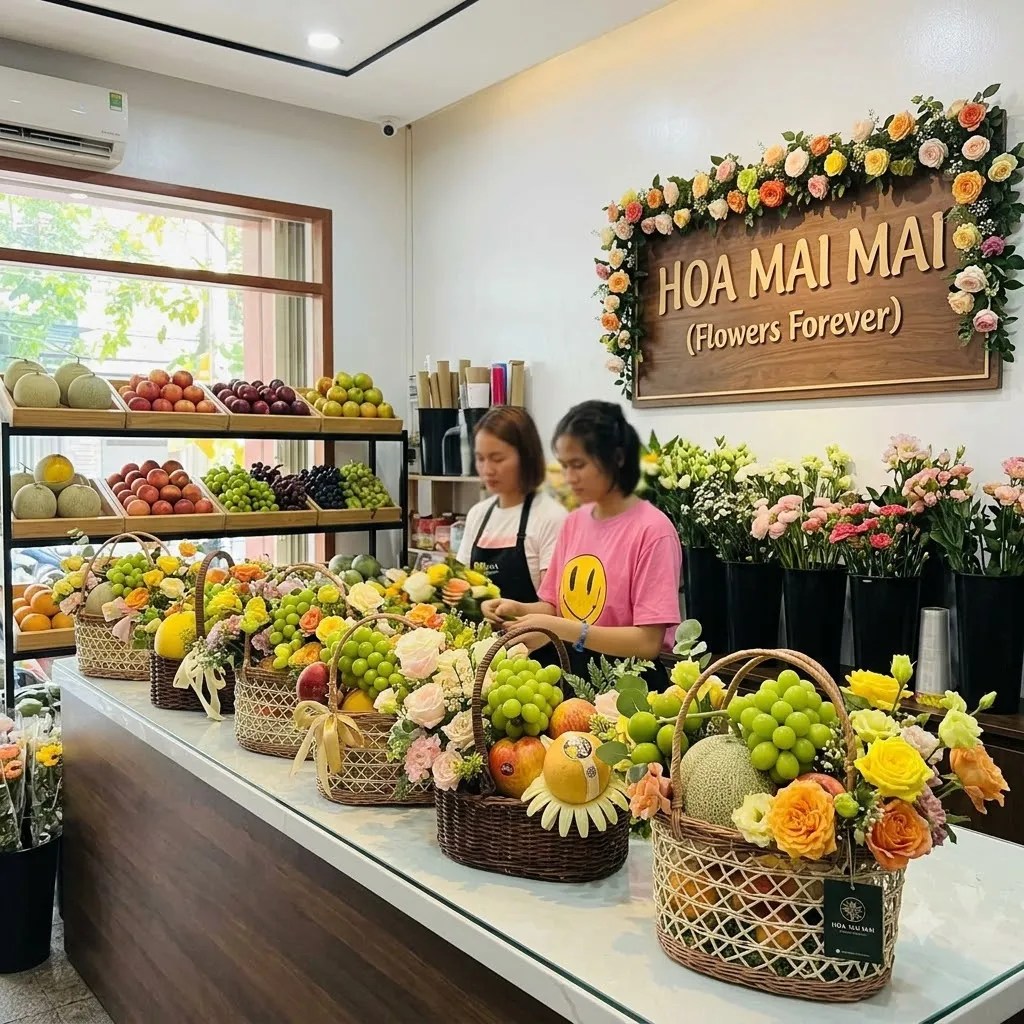 Hai nhân viên xếp dãy giỏ nho hoa quả trên quầy dài tại An Nhơn, Bình Định