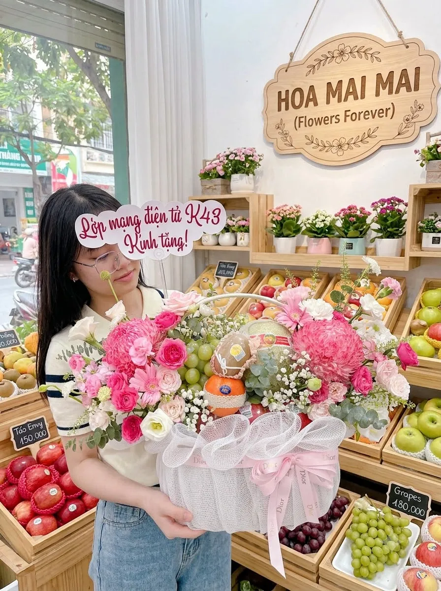 Cô gái ôm giỏ trái cây phối hoa hồng bọc lưới trắng tại An Phú An Giang